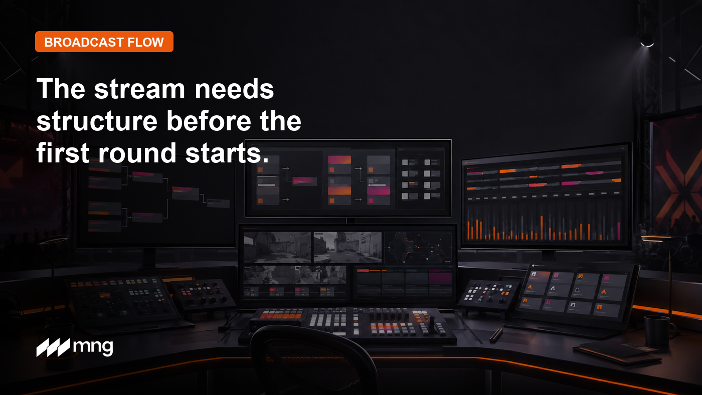 Esports broadcast control room showing match flow and production screens.
